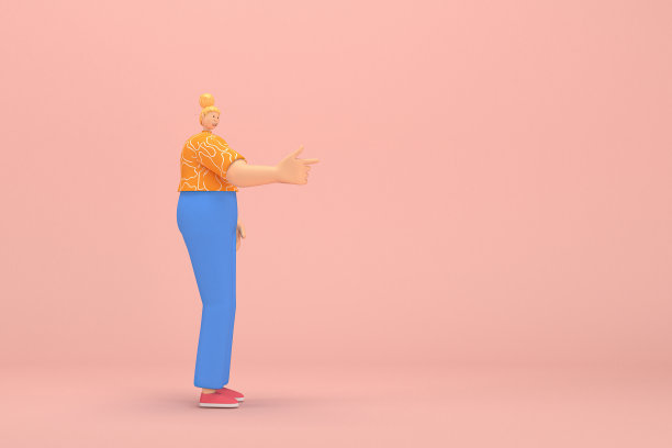 金色头发扎成一个发髻的女人穿着蓝色灯芯绒裤子和橙色白条纹t恤。她说话时总是用手做手势。3d插图的卡通人物在表演。图片下载