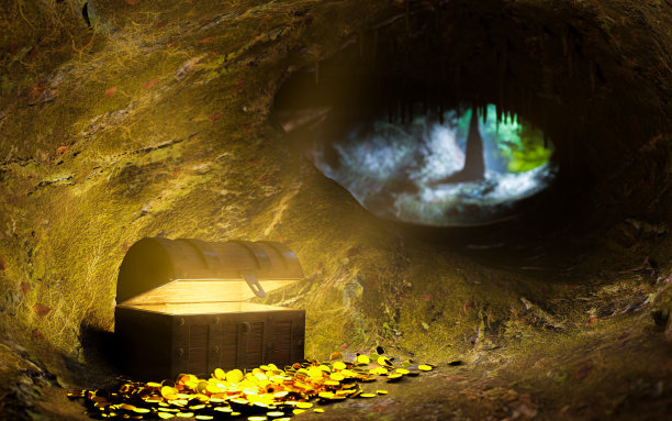 用木头和钢铁制成的宝箱，复古风格，用于携带藏在山洞里的金币。木箱里有一束神射线，能传递隐藏的东西。三维渲染图片下载