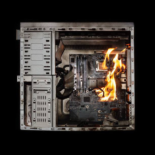 在一个黑色隔离背景上，一个由短路和功率激增引起的计算机燃烧系统单元图片下载