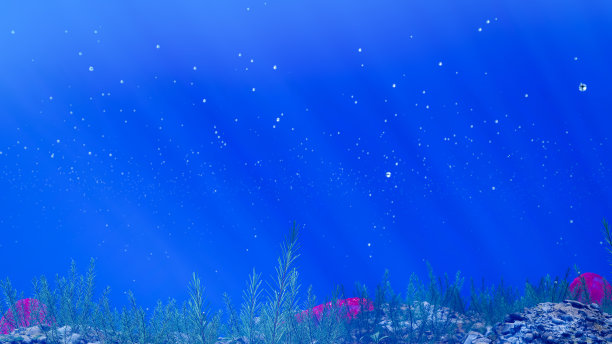 岩礁、珊瑚和水下植物。在水下拍摄时，光线照射在水下植物上。以及气泡漂浮在失焦的水中作为背景。3D渲染图片下载