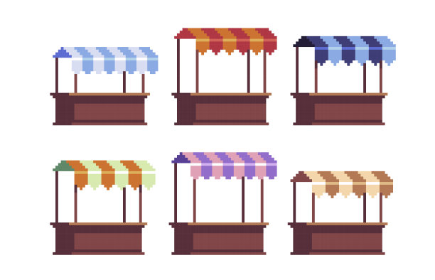 交易摊位像素艺术套装。户外本地市场收藏。街边商店，农贸市场。图片下载