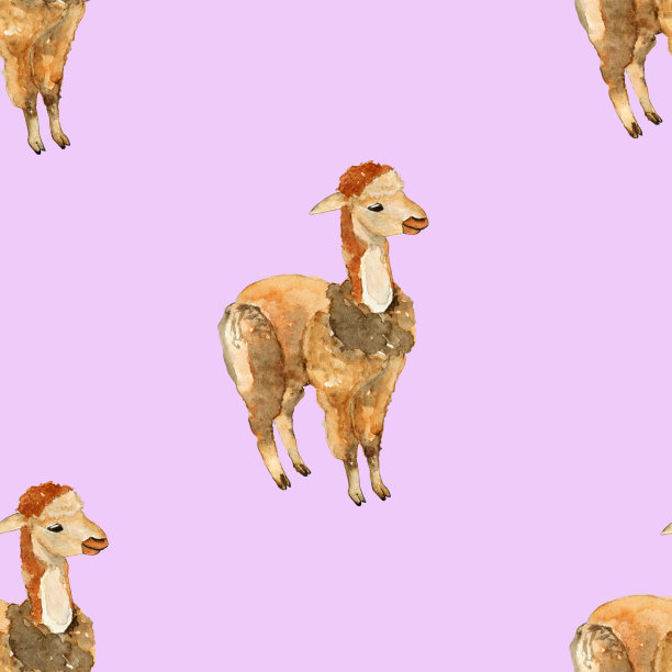 喇嘛在紫色背景上无缝的图案。水彩手绘插图现实的美国动物与棕色羊毛。适合数码纸，包装，纺织，印刷。图片下载