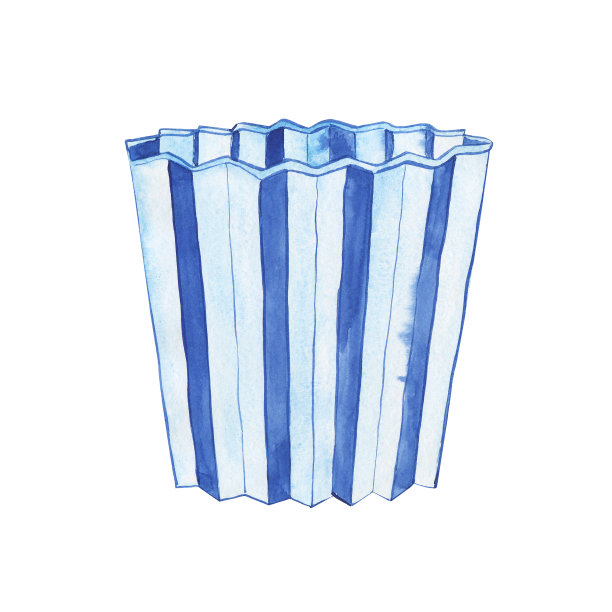 蓝色花盆孤立在白色背景上。水彩手绘插图。条纹的花瓶。图片下载