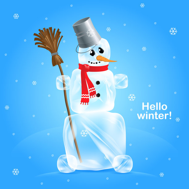 在蓝色的背景上，他手里拿着扫帚，用冰块做成的卡通雪人，上面有雪花。贺卡，你好，冬天图片下载