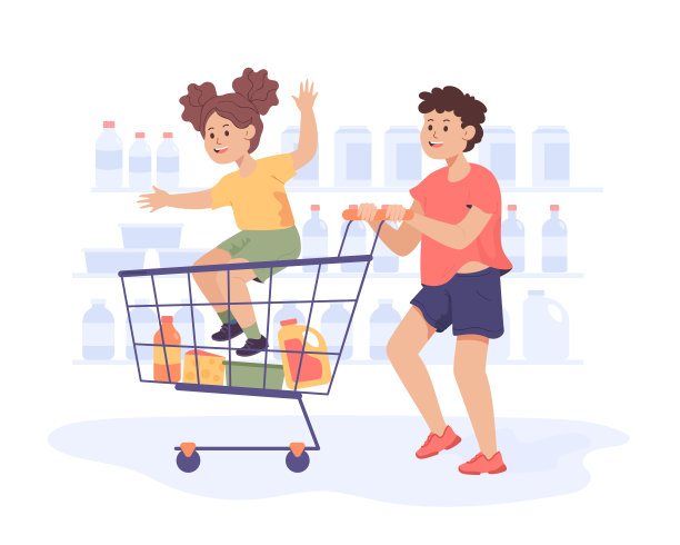 超市里，哥哥抱着妹妹坐在购物车里图片下载