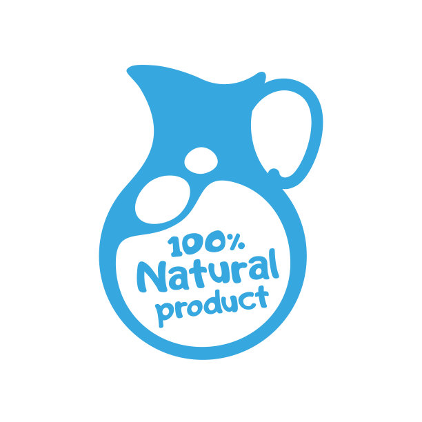 有机乳制品的标志或徽章模板。蓝色的壶，白色的背景，白色的牛奶图片下载