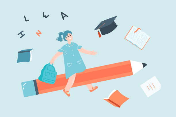 小女孩在巨大的铅笔平面矢量插画上飞行图片下载