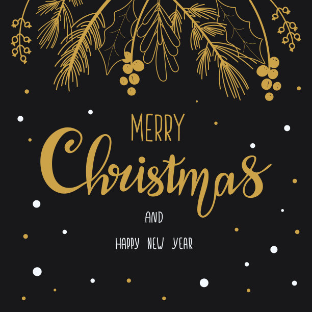 圣诞卡片上有金色的冬天植物和圣诞快乐的字样图片下载