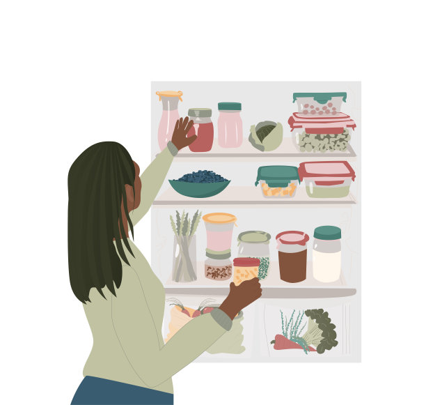 妇女从环保冰箱里拿东西。可持续生活矢量图图片下载
