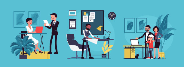 商务、家居、办公和幸福生活场景卡通套装图片下载