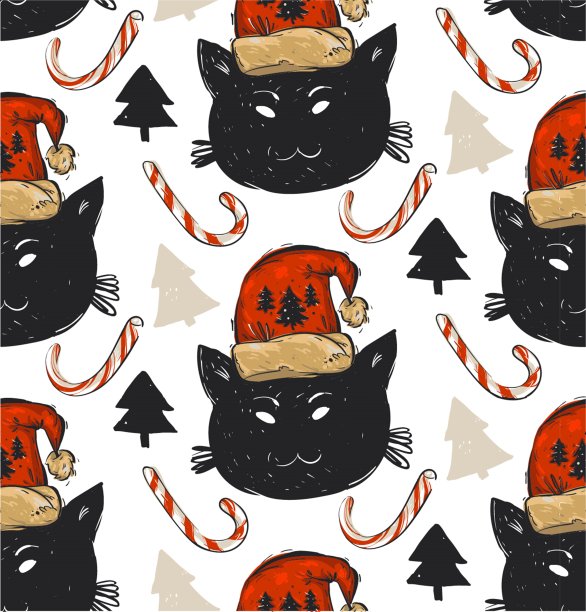 手绘矢量抽象图形圣诞无缝模式，可爱有趣的黑猫在红色圣诞老人帽子插画，拐杖糖和斯堪的纳维亚圣诞树孤立在白色。图片下载