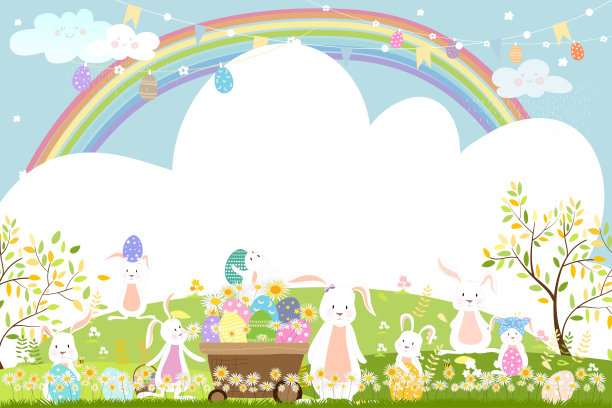 春天的田野上有彩虹，兔子在寻找复活节彩蛋，可爱的卡通兔子在绿色的草地上玩耍。春天或夏天的旗帜与复制空间复活节贺卡的背景图片下载