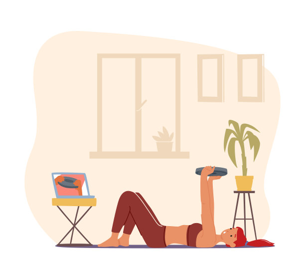 快乐健康的女性在家里锻炼，在笔记本电脑上在线观看训练。手持磁盘的女性角色图片下载