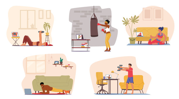 通过互联网在线训练，人物与哑铃，拳击，站立平板支撑和拉伸，体育锻炼图片下载