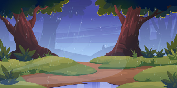雨中有树和草的森林景观图片下载