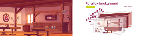 视差背景与老酒馆，西方酒吧图片下载