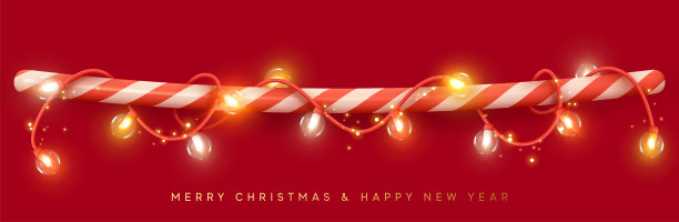 圣诞装饰灯花环被缠绕在红色的糖果棒上。为网络海报横幅的串线边界节日装饰。明亮发光的玻璃灯的逼真的3d设计。矢量图图片下载