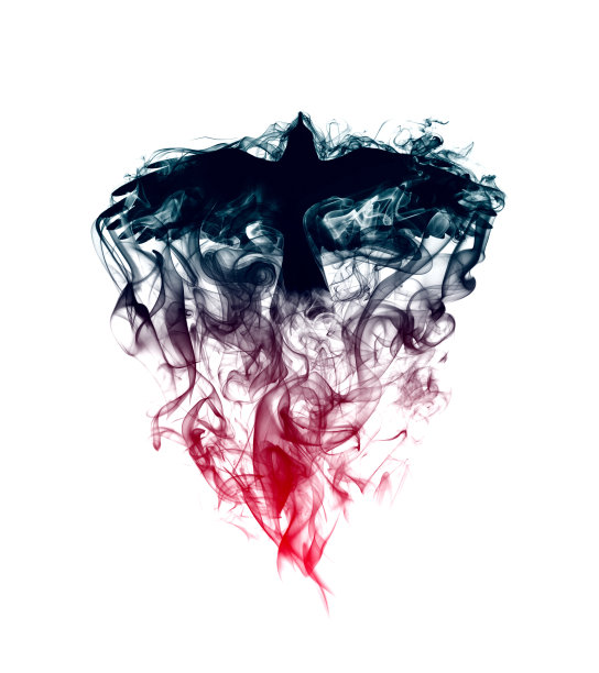 飞行乌鸦的剪影与展开的翅膀在烟雾与一个美丽的梯度孤立在白色背景。一只乌鸦在烟雾中飞翔的剪影。图片下载