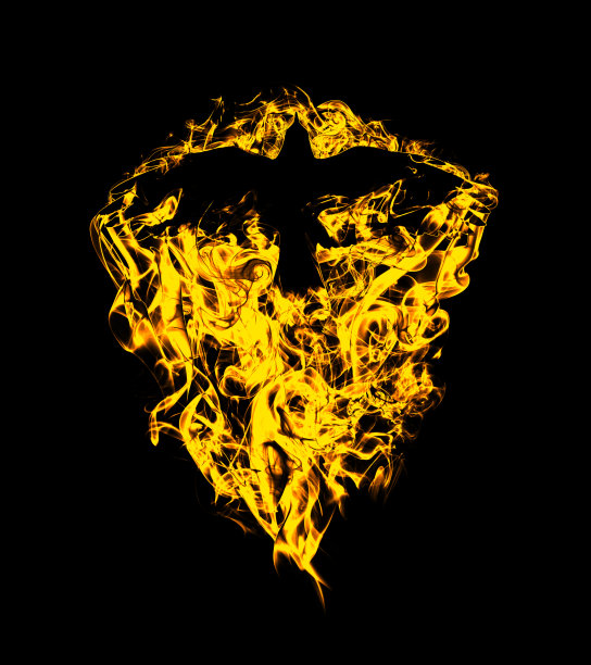 一个飞行乌鸦的剪影与展开的翅膀在美丽的火焰，孤立的黑色背景。一只飞鸦着火的剪影。大的大尺寸。图片下载