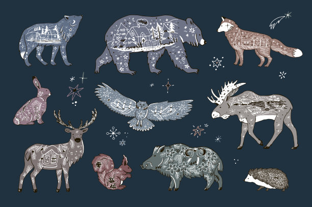 森林动物圣诞冬季矢量插图集。图片下载