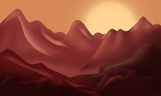 风格化的山景与傍晚的阳光，画在粉红色和棕色调图片下载