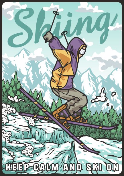 滑雪者从雪山上下来。冬季极限运动。关于滑雪假期的垂直海报图片下载