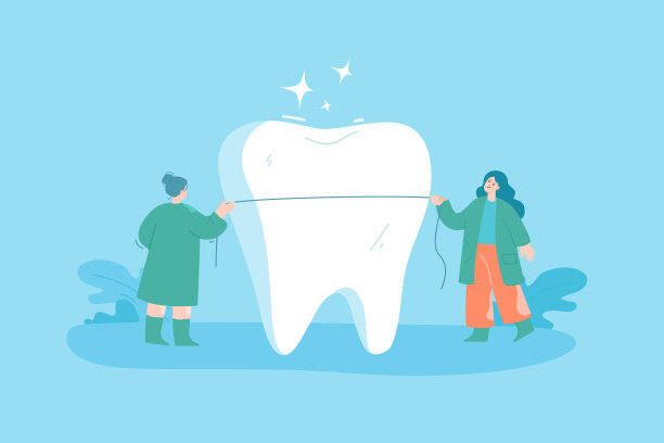 小牙医用牙线清洁巨大的牙齿图片下载