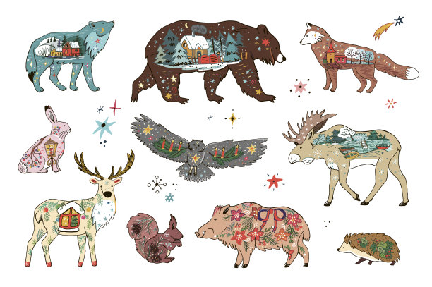 森林动物圣诞冬季矢量插图集。图片下载