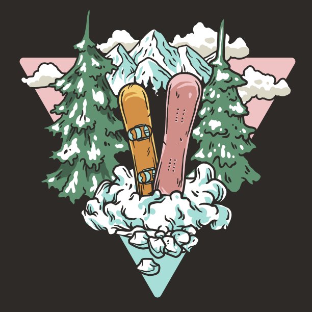 冬季水平海报，雪人在滑雪板上，山和雪。滑雪假期和冬季运动图片下载