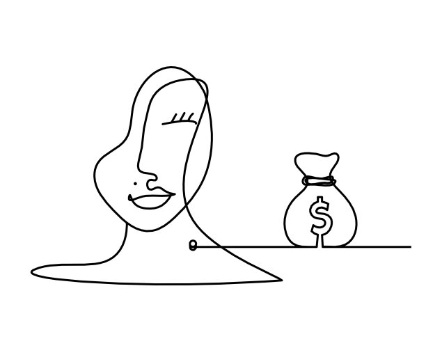 妇女剪影脸与美元作为线画在白色图片下载