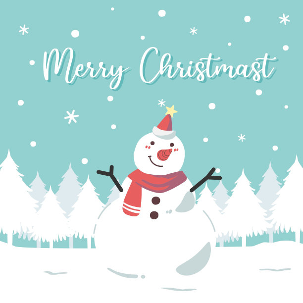 可爱的圣诞贺卡上有雪人在森林里快乐地微笑，上面覆盖着雪矢量插画。圣诞和新年快乐的贺卡，横幅，海报。图片下载