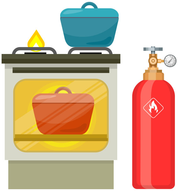 带燃烧器的煤气炉，用于在汽缸附近烹饪，容器内加压液体图片下载