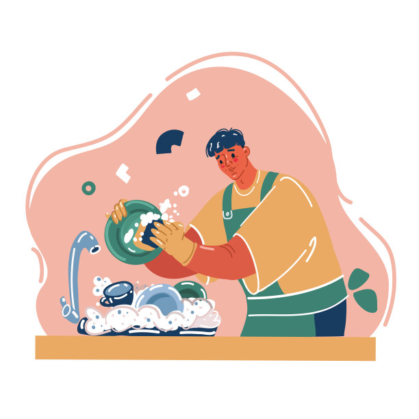 矢量插图男子洗堆脏盘子在厨房图片下载