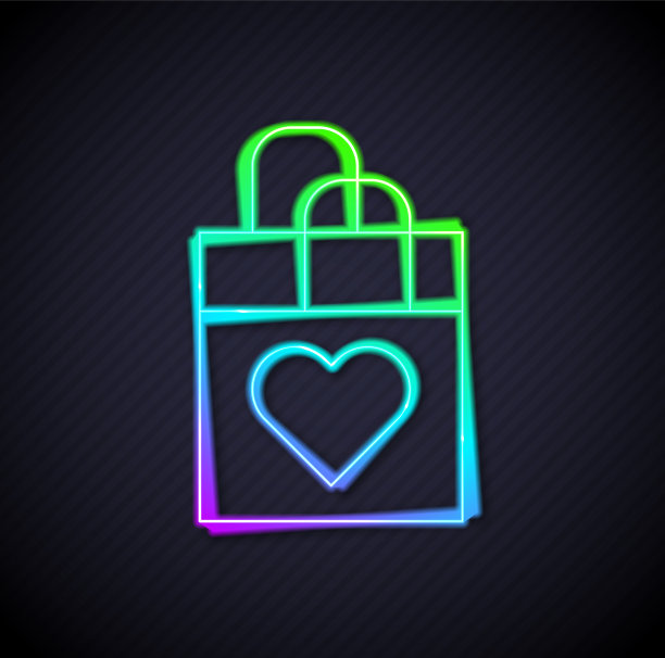 发光的霓虹灯线购物袋与心脏图标图片下载