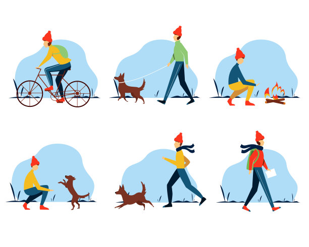 冬季集。年轻人做不同的户外活动:跑步，骑自行车，遛狗，旅行。积极健康的生活方式理念。图片下载