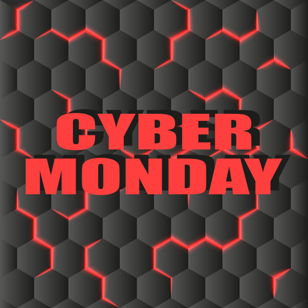 网络星期一红色文字促销海报模型，电子商务创意黑色六边形背景与发光的裂缝，营销特别优惠传单排版设计元素。图片下载