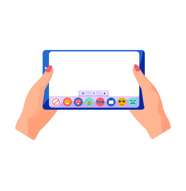 手握智能手机和触摸屏。手机有空白屏幕，应用程序有按钮图片下载