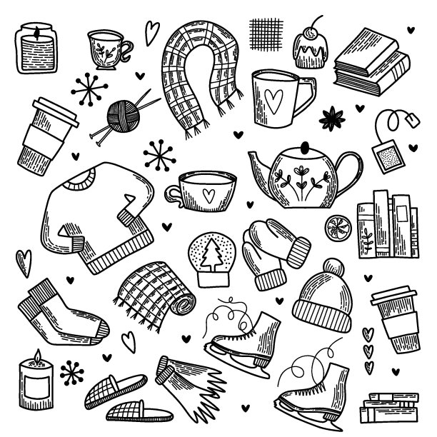 线条艺术集的矢量元素。扁平图标包。冬季Hygge系列，雪的象征，户外运动和舒适的家庭时光。包装、横幅和卡片的手绘涂鸦轮廓设计。图片下载