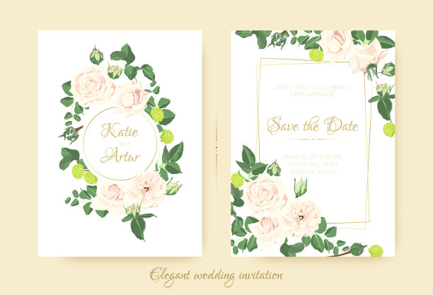 优雅的鲜花婚礼请柬。图片下载