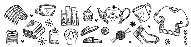 线条艺术集的矢量元素。扁平图标包。冬季Hygge系列，雪的象征，户外运动和舒适的家庭时光。包装、横幅和卡片的手绘涂鸦轮廓设计。图片下载