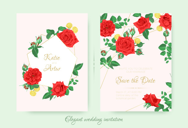 红玫瑰和树叶的婚礼请柬。图片下载