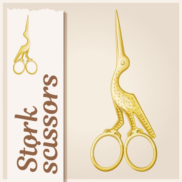 鹳剪子金色矢量图标，缝纫鸟剪子卡通插图老式工具刺绣图片下载
