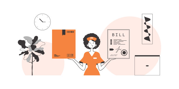 女孩手里拿着一个包裹和一张支票。包裹递送的概念。线性的现代风格。图片下载