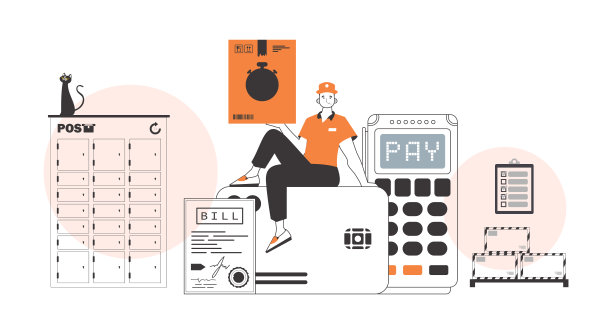 一个男人坐在一张银行卡上，手里拿着一个包裹。货物和包裹的递送概念。线性时尚风格。图片下载