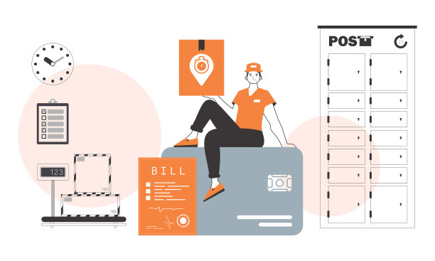 那个人正坐在一张银行卡上，手里拿着一个包裹。货物和包裹的递送概念。线性的现代风格。图片下载