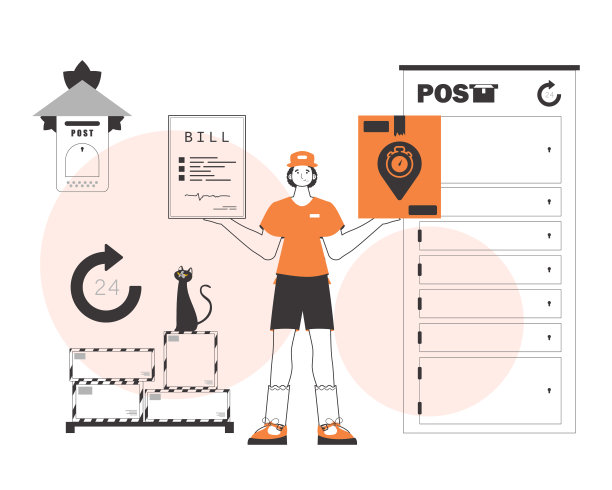 一个男人手里拿着一个包裹和一张支票。交付的概念。线性时尚风格。图片下载