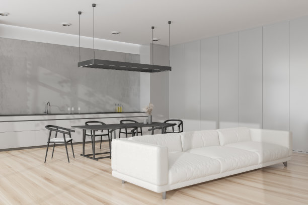 灯光工作室内部与烹饪和放松区与沙发图片下载