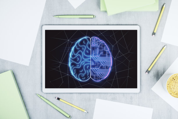 现代数字平板屏幕上人脑全息图的创造性人工智能概念。前视图。三维渲染图片下载