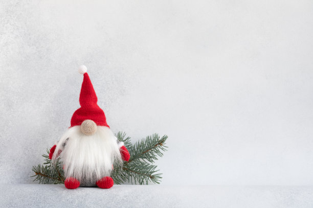 圣诞侏儒在红帽子与杉木枝节日卡片上的光冬天的背景。带有复制空间的斯堪的纳维亚精灵贺卡图片下载