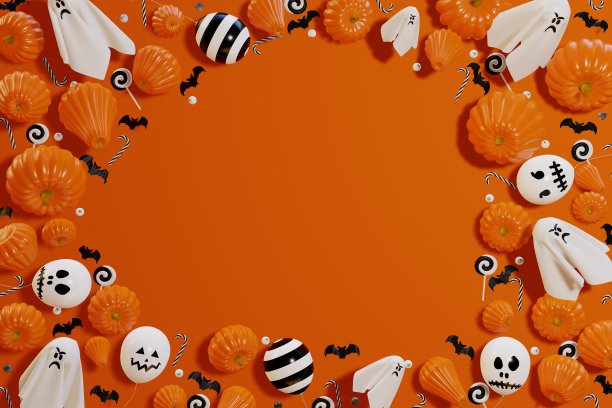 为万圣节的背景。万圣节的幽灵气球，南瓜，蝙蝠，黄色背景的糖果。三维渲染图片下载